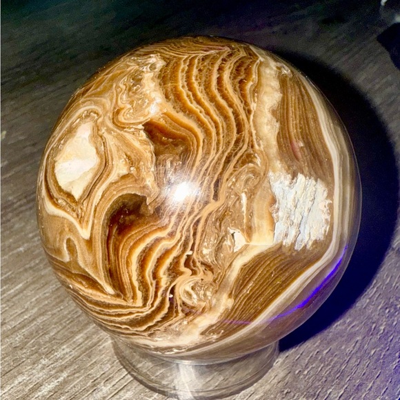 Chocolate Calcite/Banded Aragonite Crystal Sphere – Polished Healing Stone 3.5” - Picture 12 of 16